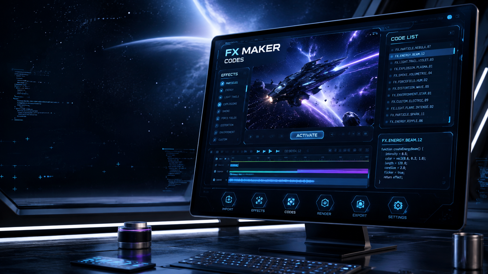 Star Wars movie FX maker codes displayed on a futuristic visual effects interface