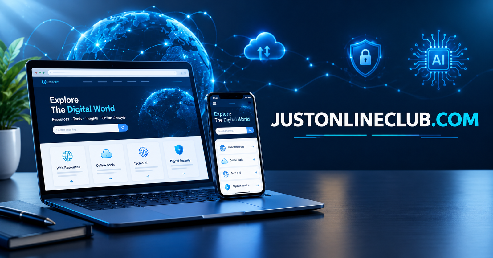 JUSTONLINECLUB.COM digital platform with laptop and smartphone showing modern online technology resources
