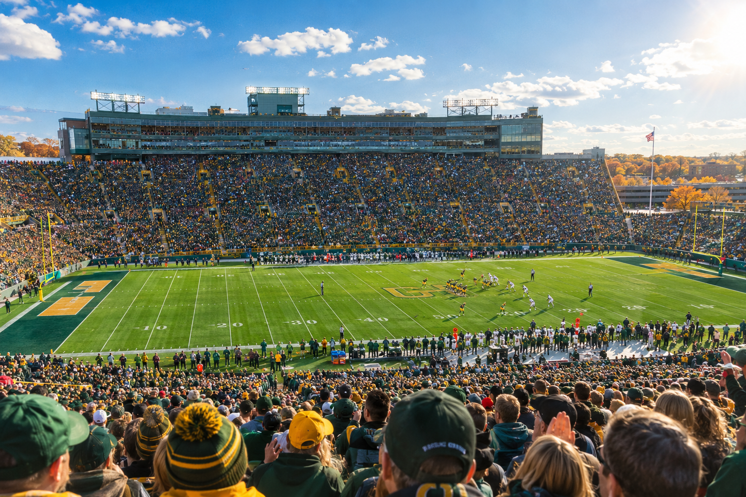 A packed football stadium filled with fans wearing green and gold during a daytime NFL game, representing a Green Bay Packers home game environment.